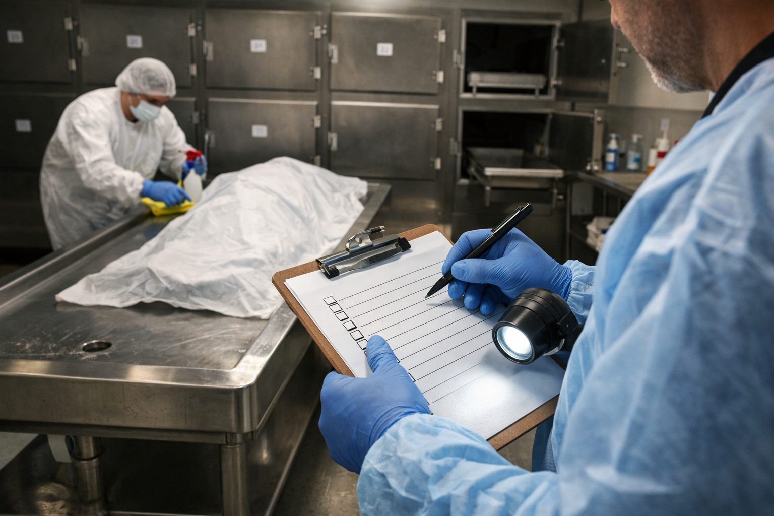 Inspection de la qualité du nettoyage d’une morgue avec agent de contrôle et personnel d’entretien en salle mortuaire