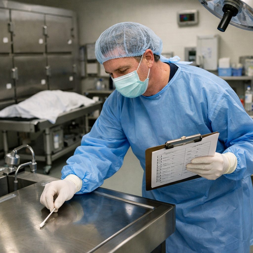 Agent en chambre mortuaire effectuant un contrôle qualité de l’entretien sur une table en acier inoxydable