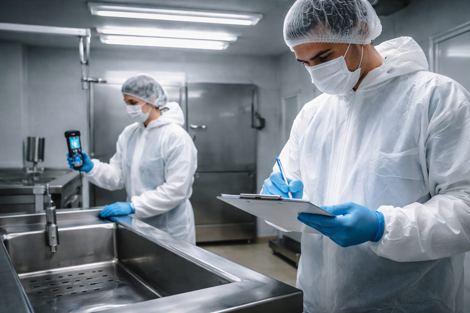 Deux agents en tenue de protection réalisent un contrôle qualité après le nettoyage d’une morgue avec inspection visuelle et vérification sanitaire