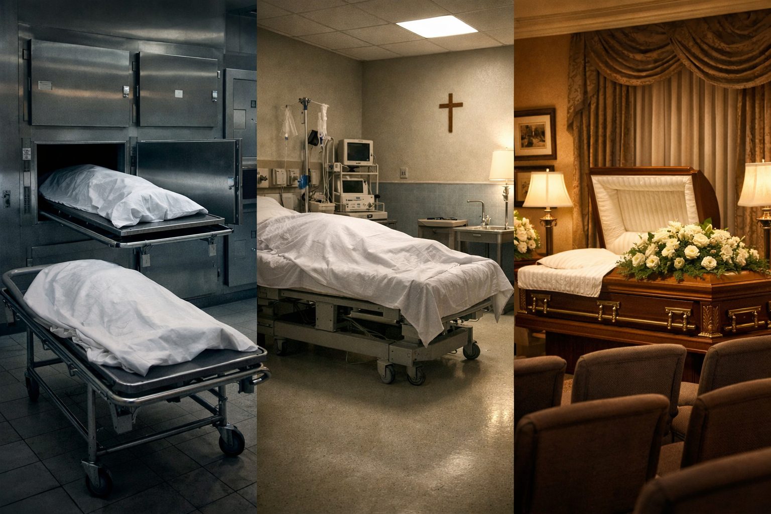 Illustration réaliste montrant la complémentarité entre la morgue, la chambre mortuaire et la chambre funéraire avant les obsèques