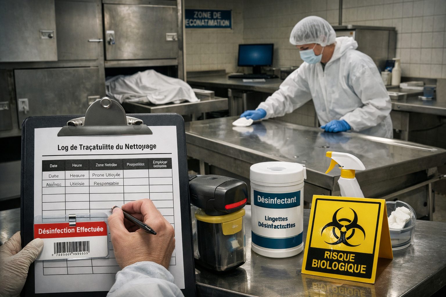 Contrôle de traçabilité du nettoyage dans une morgue avec fiche de suivi et zone d’hygiène sécurisée