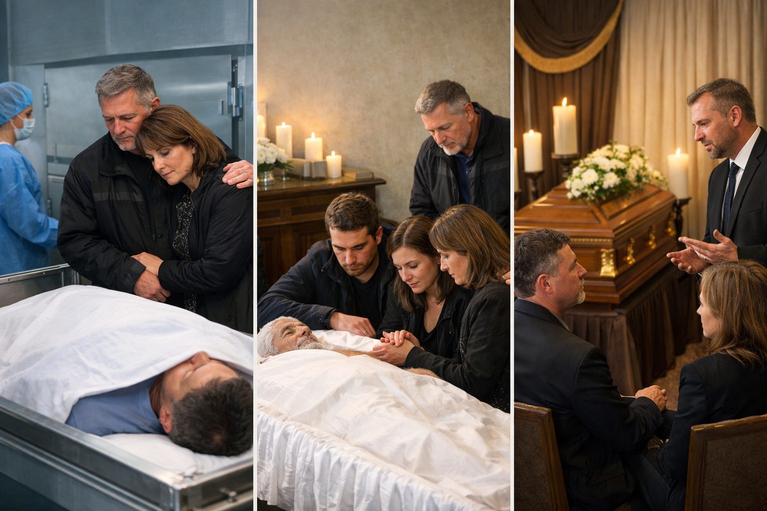 Famille en deuil comparant la morgue, la chambre mortuaire et la chambre funéraire avant l’organisation des obsèques