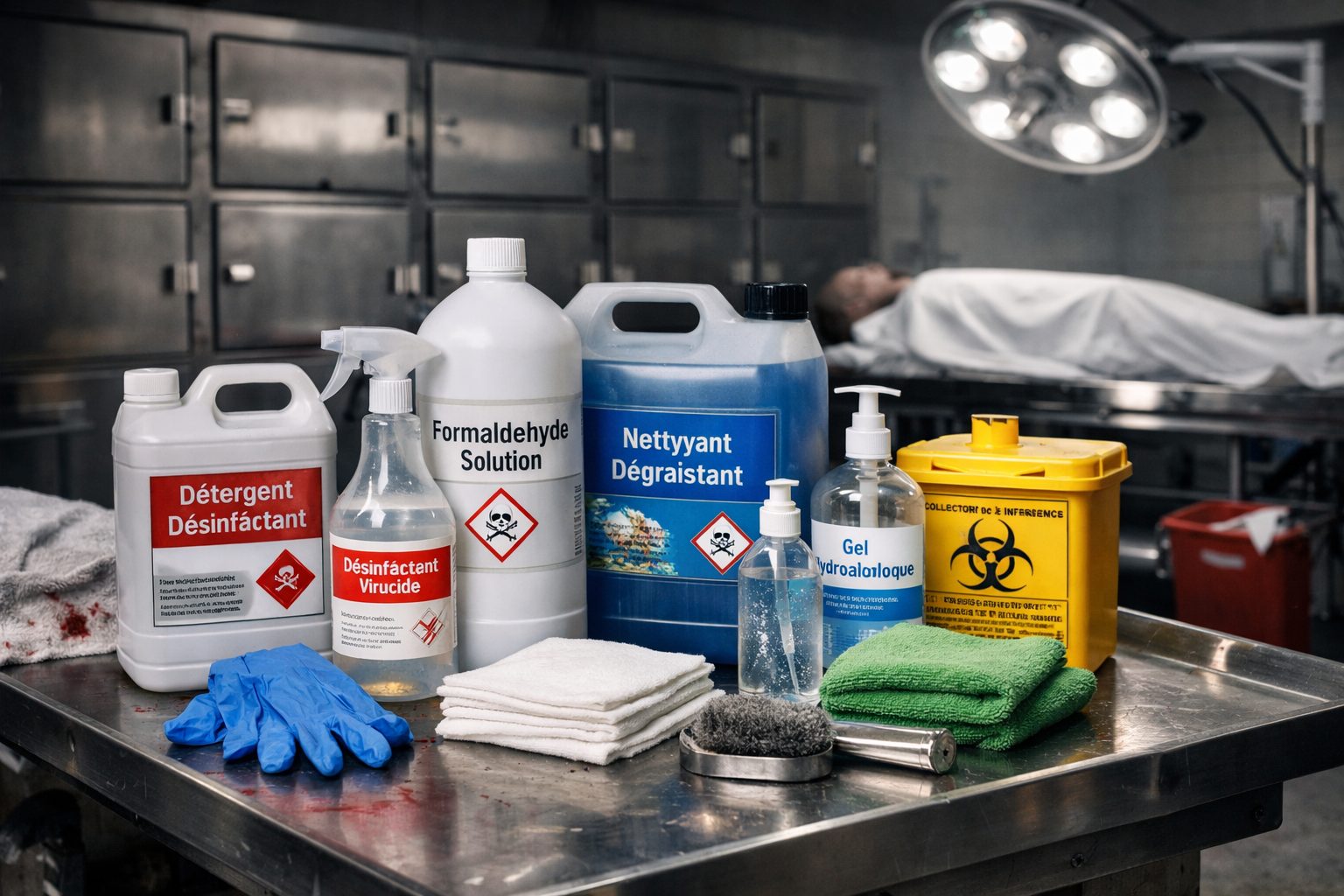 Produits professionnels utilisés pour le nettoyage de morgue sur une table inox dans une salle technique mortuaire
