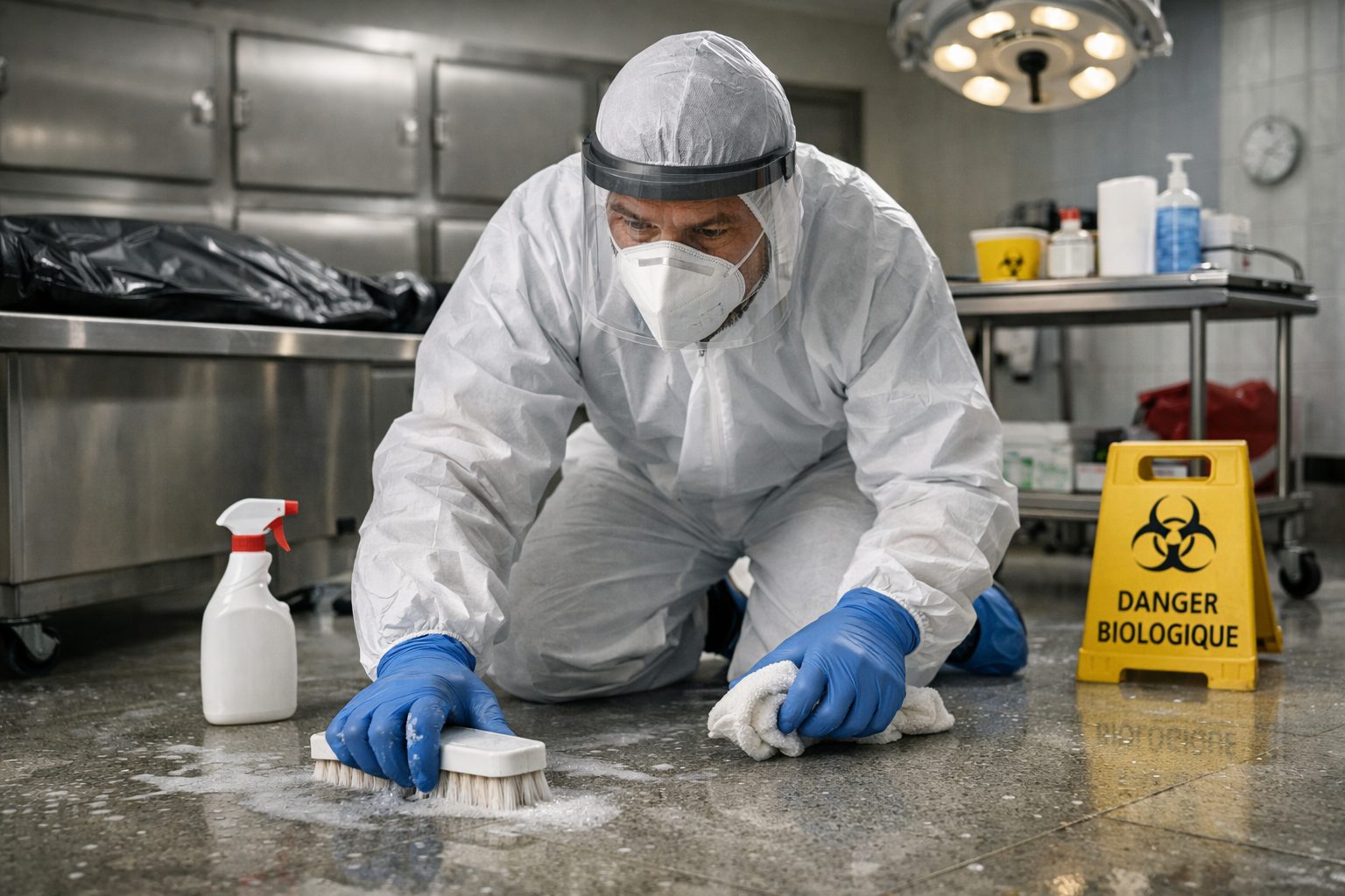 Agent de nettoyage en tenue de protection désinfectant le sol d’une chambre mortuaire dans un environnement sanitaire sécurisé