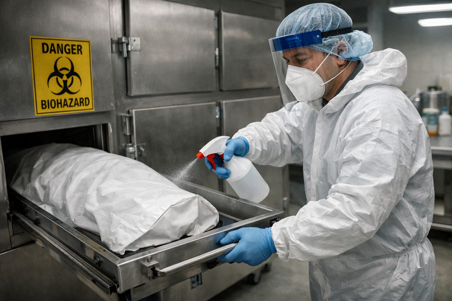 Agent de morgue en tenue de protection désinfectant un tiroir réfrigéré pour éviter les contaminations croisées