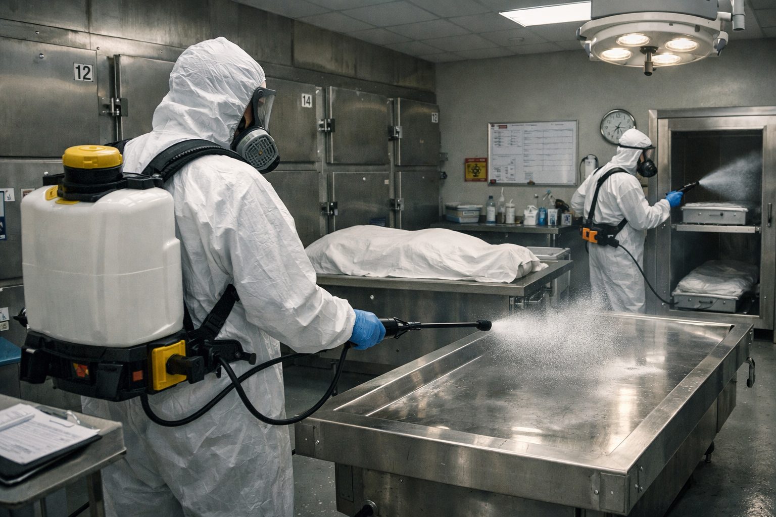 Agents en tenue de protection désinfectant une morgue d’hôpital avec table inox et chambres réfrigérées