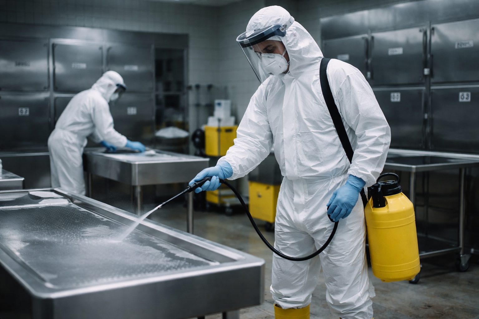 Agent de nettoyage en combinaison de protection, masque, visière et gants désinfectant une table de morgue dans une salle réfrigérée