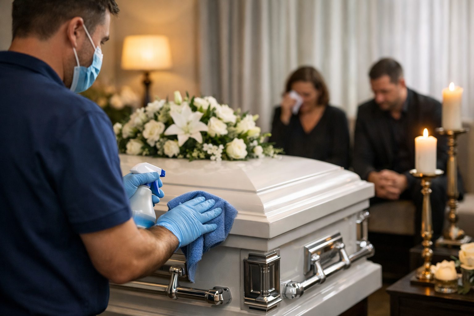 Agent funéraire nettoyant une chambre funéraire soigneusement entretenue pour offrir un environnement propre, digne et rassurant aux proches