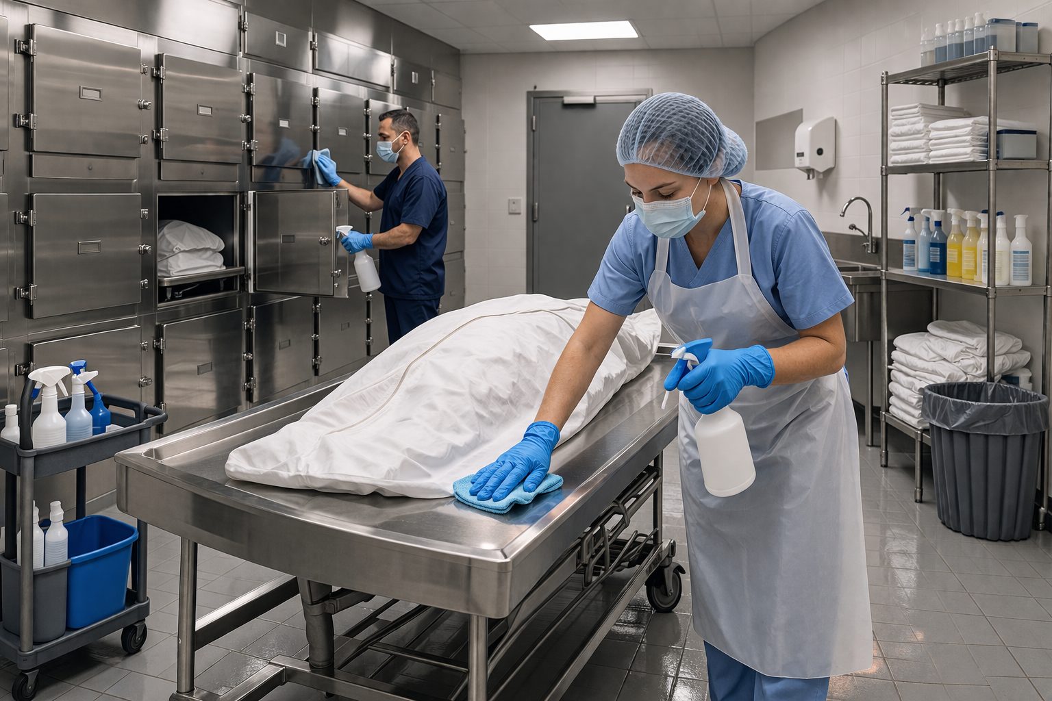 Entretien régulier d’une morgue dans une chambre mortuaire propre et désinfectée