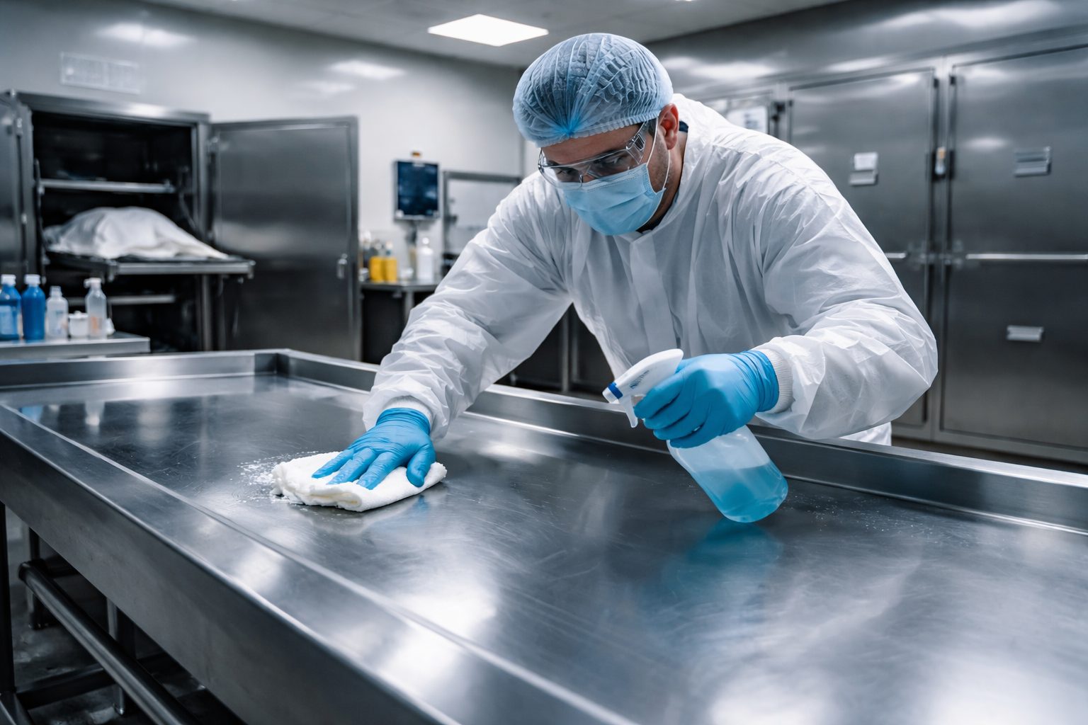Agent en équipement de protection nettoyant une table en inox dans une morgue avec un produit désinfectant