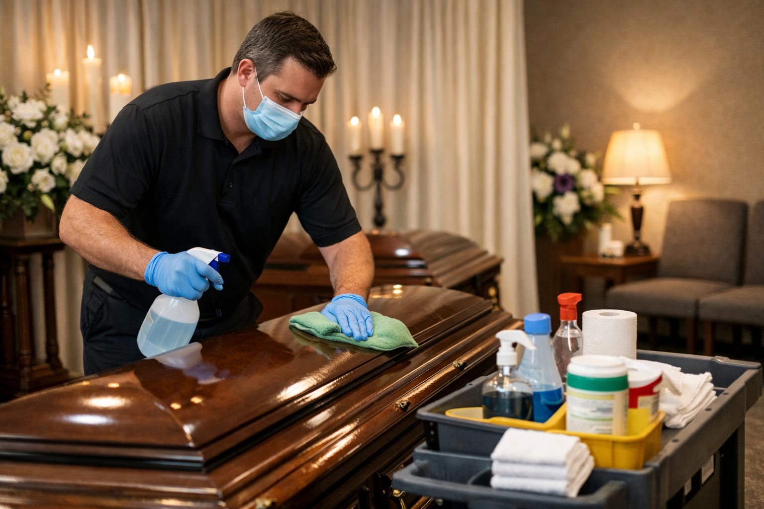 Agent d’entretien nettoyant une chambre funéraire entre deux visites dans un salon de recueillement