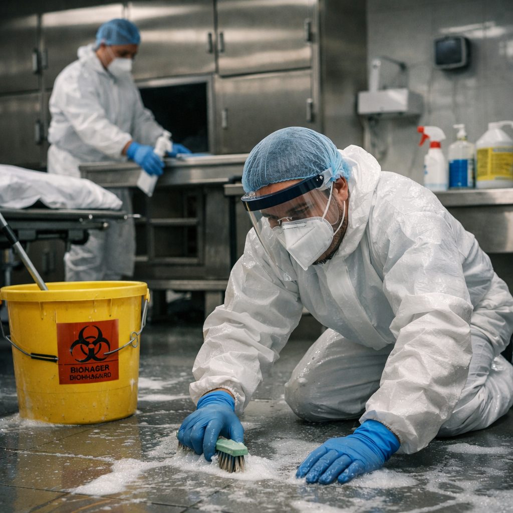 Personnel hospitalier en tenue de protection appliquant les protocoles de nettoyage et de désinfection dans une morgue d’hôpital