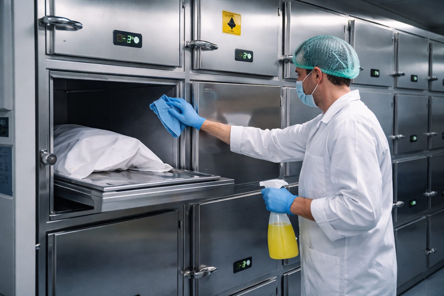 Technicien de morgue nettoyant et désinfectant une chambre froide mortuaire en acier inoxydable