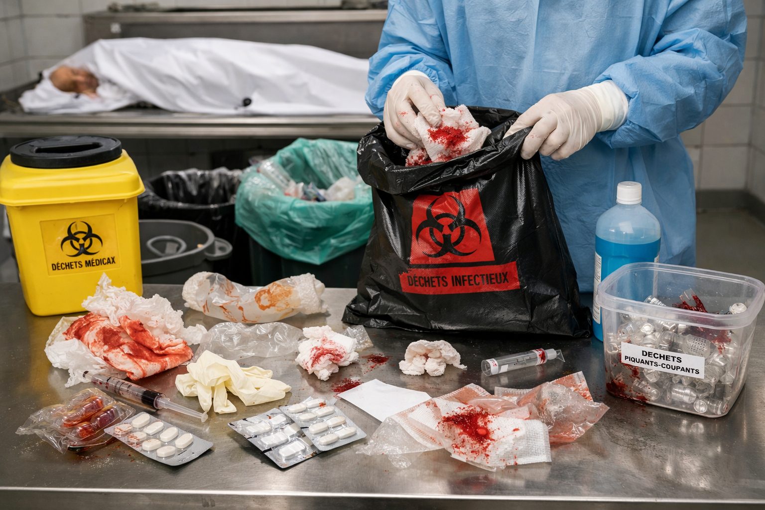 Agent spécialisé en nettoyage de chambre mortuaire triant les déchets médicaux et déchets à risques infectieux dans un environnement hospitalier ultra réaliste