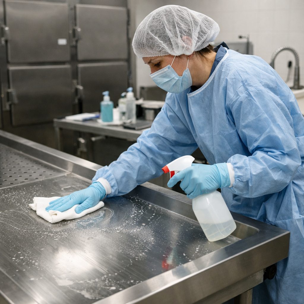 Agent en chambre mortuaire nettoyant et désinfectant une table en inox avec un produit d’entretien