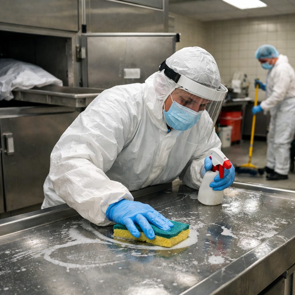 Agent en tenue de protection nettoyant une morgue après un transfert sur une table en inox dans une salle mortuaire désinfectée