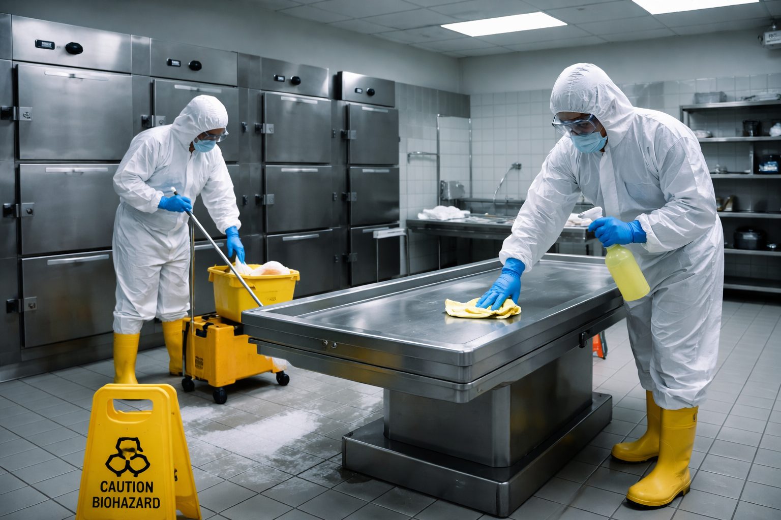 Agents spécialisés en tenue de protection nettoyant une morgue d’hôpital pour garantir l’hygiène, la sécurité sanitaire et le respect des protocoles hospitaliers.