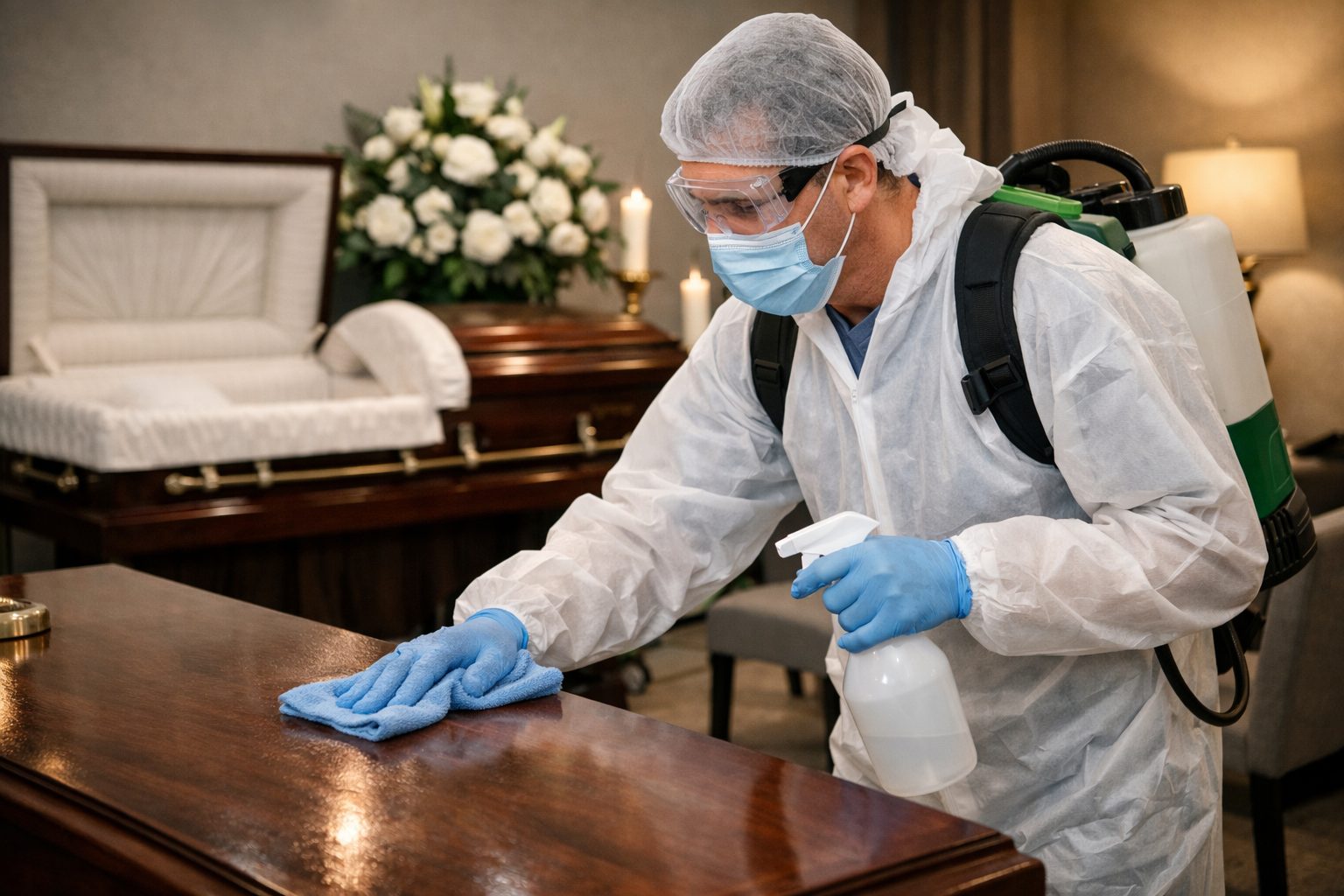 Agent en tenue de protection nettoyant une chambre funéraire selon un protocole d’hygiène strict