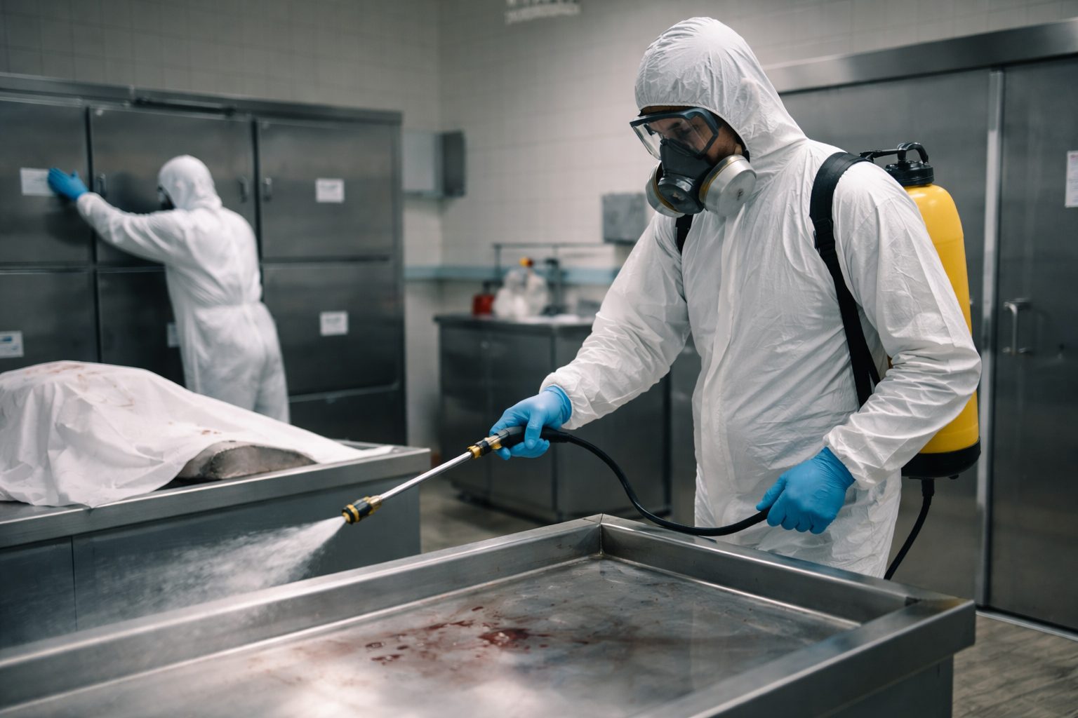 Agent de nettoyage en tenue de protection désinfectant une morgue selon un protocole sanitaire strict