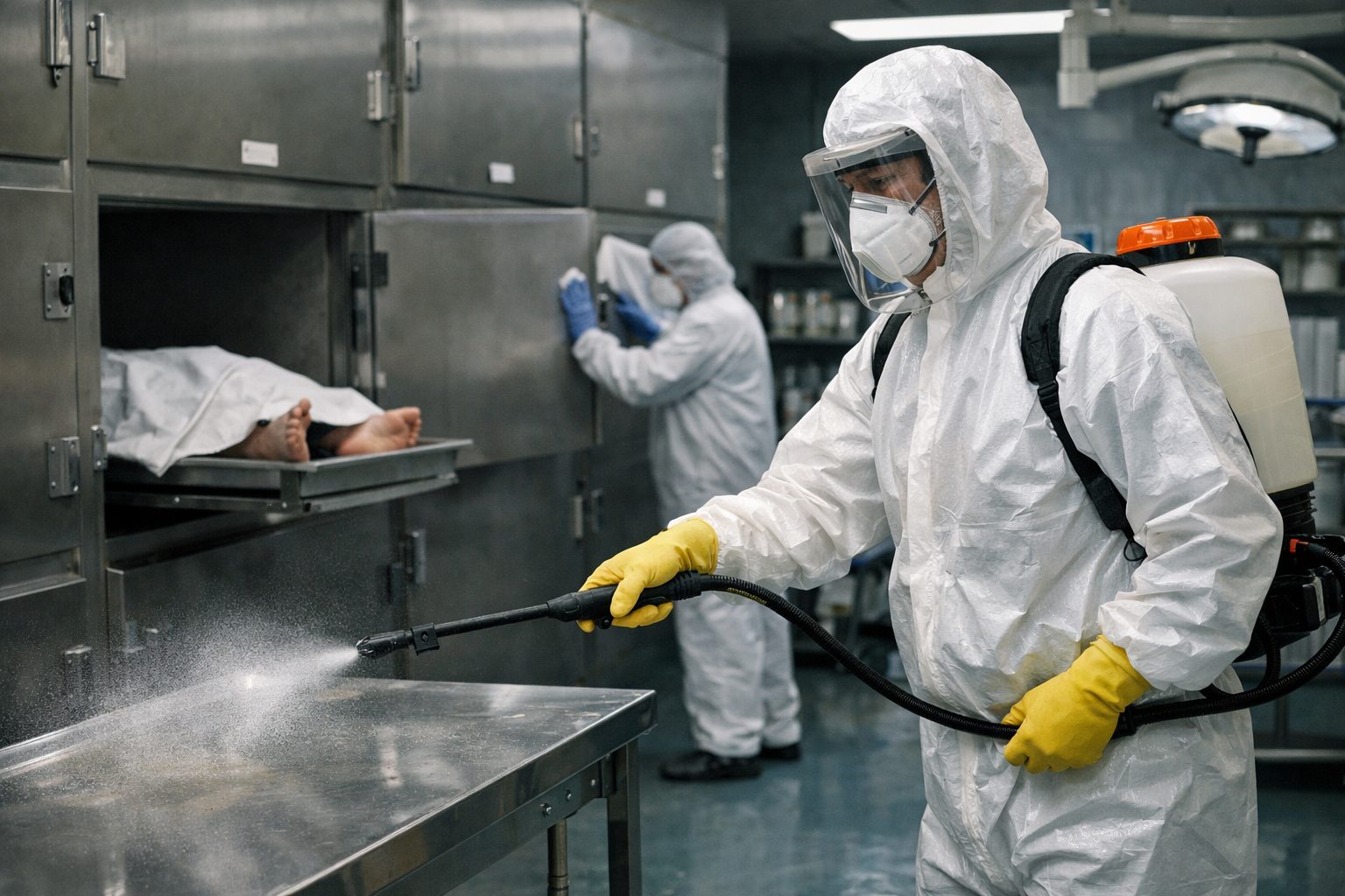 Personnel hospitalier en tenue de protection réalisant la désinfection d’une morgue pour limiter les risques biologiques
