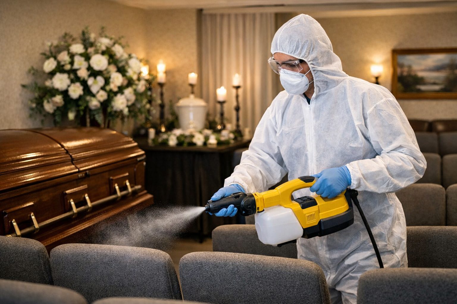 Professionnel en tenue de protection désinfectant les sièges d’un salon de chambre funéraire près d’un cercueil