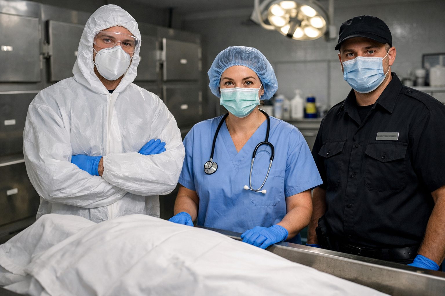 Professionnels formés au nettoyage de chambre mortuaire dans un espace mortuaire hospitalier