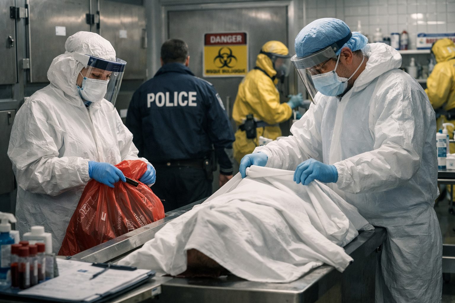 Personnel de morgue en équipement de protection gérant un incident sanitaire dans une salle sécurisée.