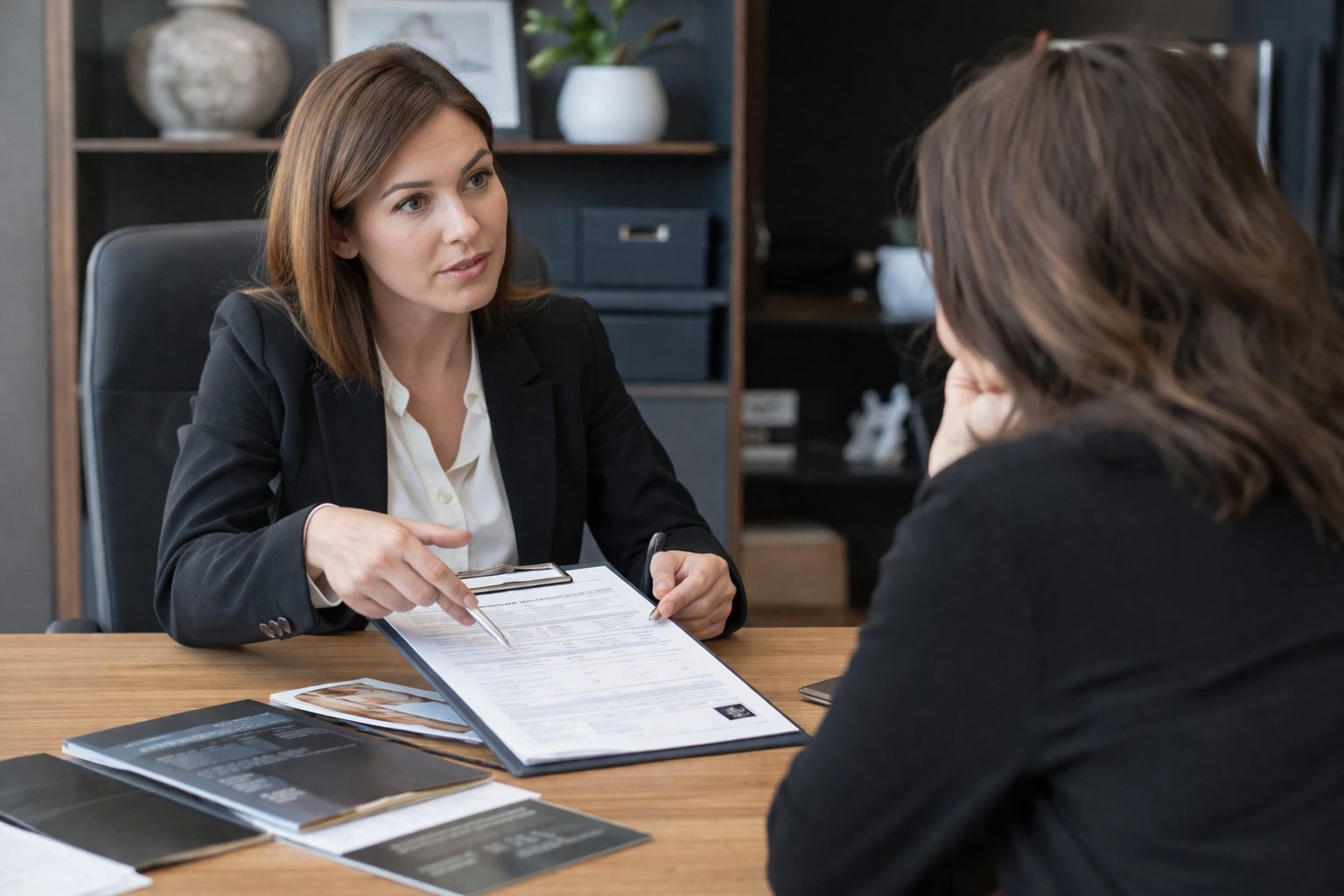 Conseillère funéraire expliquant clairement ses prestations à un couple dans une agence de pompes funèbres