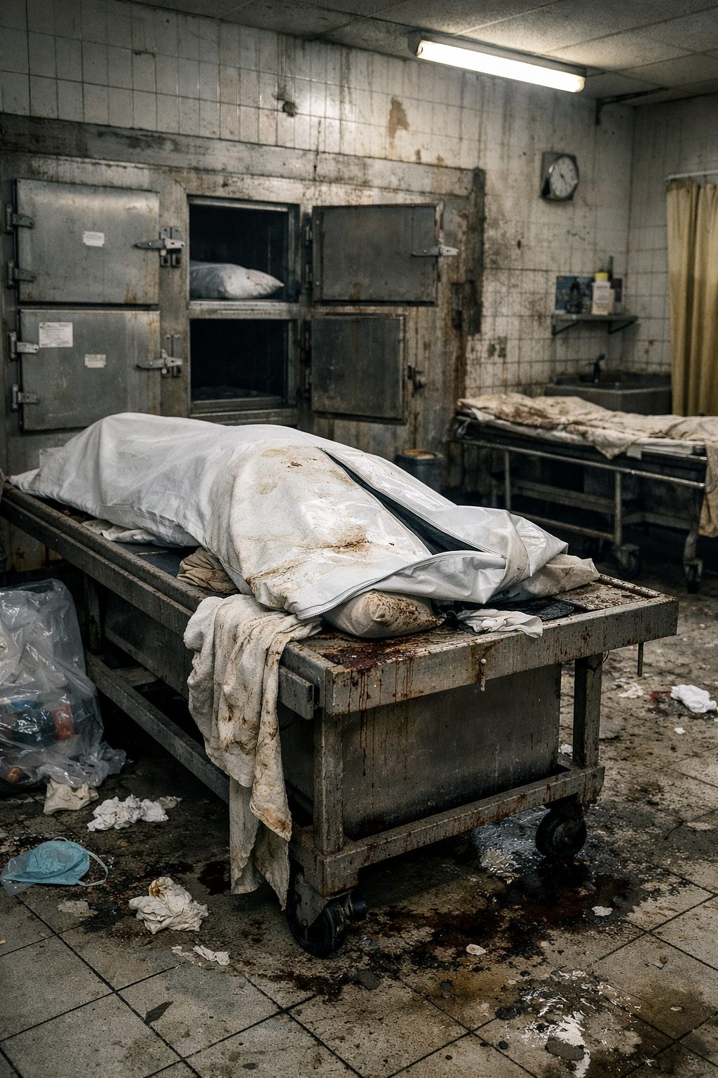 Chambre mortuaire mal entretenue dans un hôpital illustrant une mauvaise hygiène et un impact négatif sur l’image de l’établissement