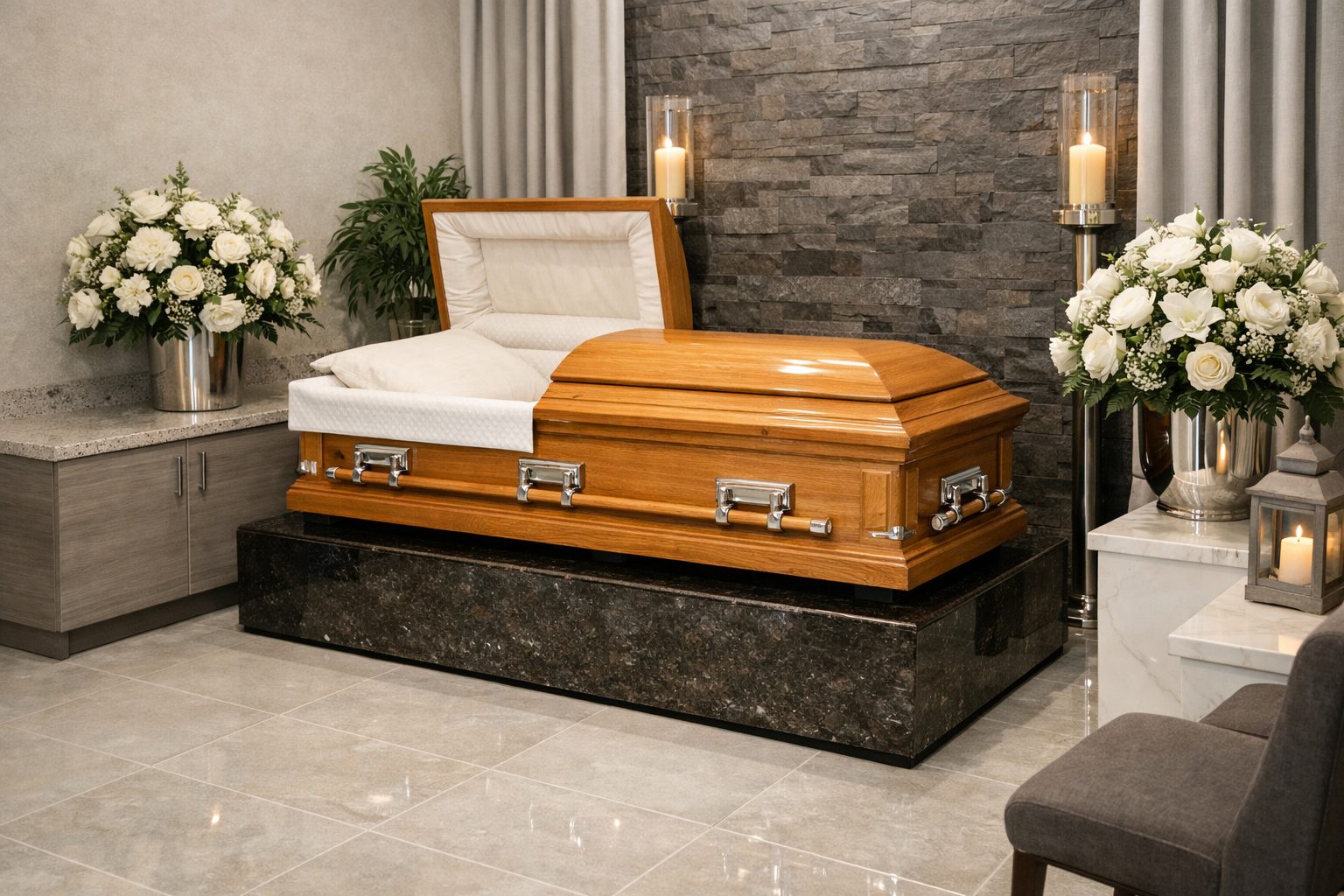 Chambre funéraire avec sol carrelé, surfaces lisses et matériaux faciles à entretenir