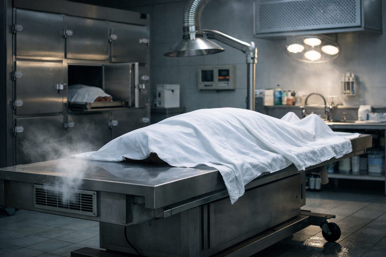 Chambre mortuaire professionnelle avec table réfrigérée, ventilation technique et espace de conservation limitant les odeurs