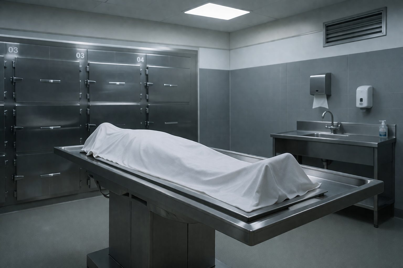 Salle de morgue propre et stérile avec table mortuaire en inox, illustrant l’importance d’un espace sans odeur persistante