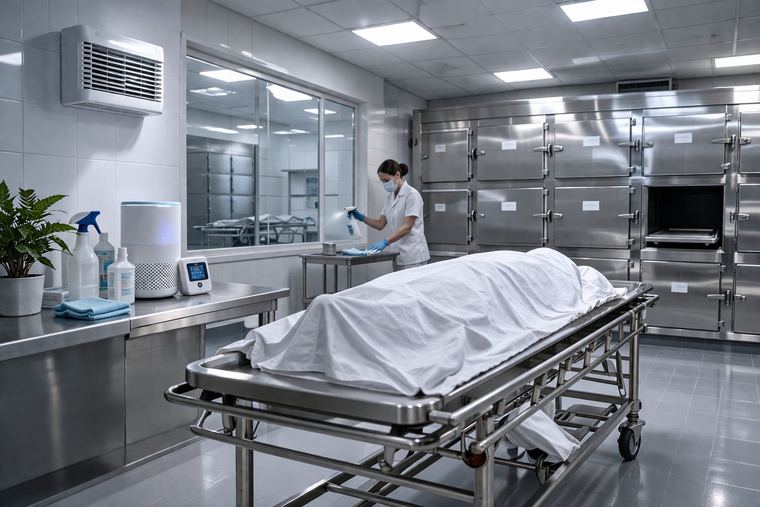 Salle de morgue propre, ventilée et parfaitement entretenue pour garantir un environnement sans odeur persistante