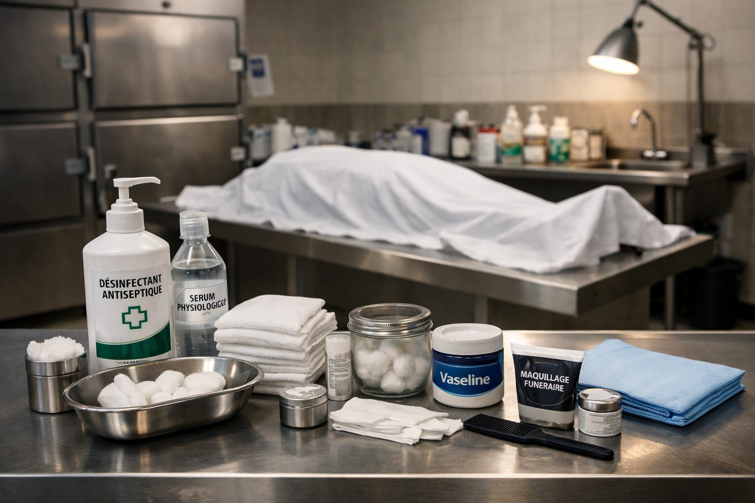 Illustration réaliste de produits autorisés en chambre mortuaire avec table de préparation, linge, coton, sérum physiologique et produits de présentation funéraire
