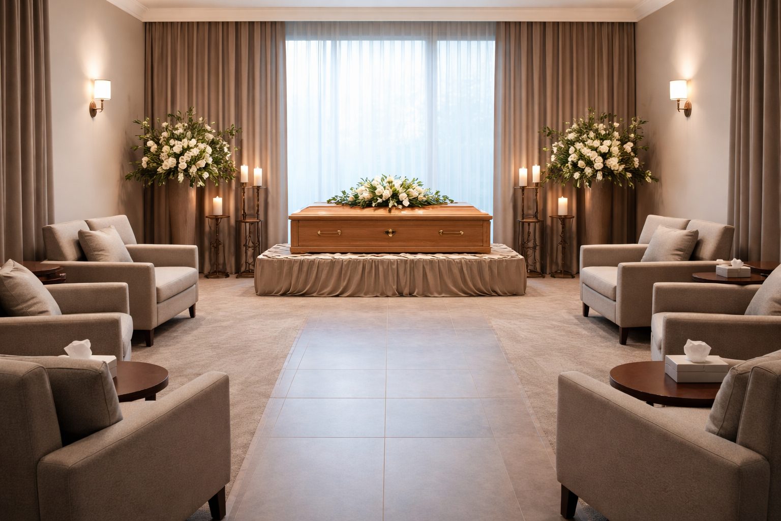Salon de recueillement dans une chambre funéraire avec cercueil, fleurs blanches et fauteuils dans une ambiance apaisée