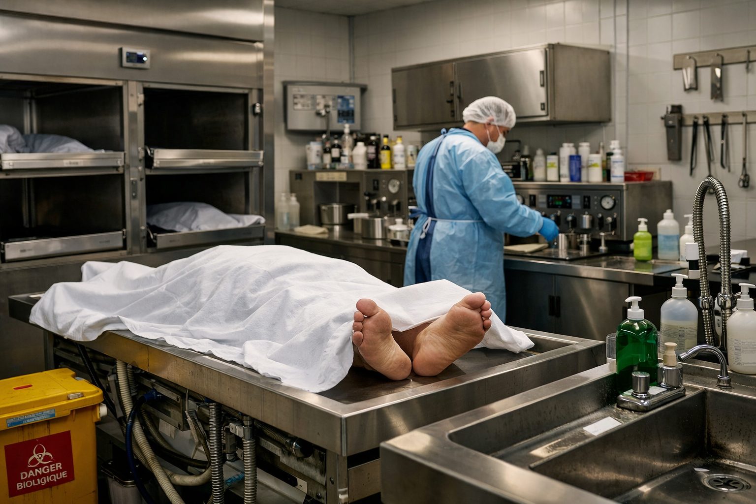 Vue ultra réaliste d’une chambre mortuaire montrant ses zones techniques avec table de préparation, espace de conservation réfrigéré, équipement d’hygiène et personnel en tenue de protection.