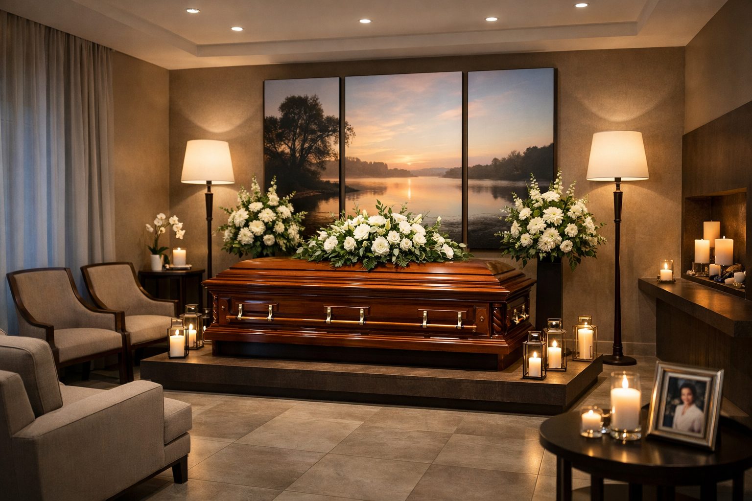 Chambre funéraire bien tenue avec espace de recueillement soigné, éclairage doux et présentation digne pour valoriser l’image des pompes funèbres