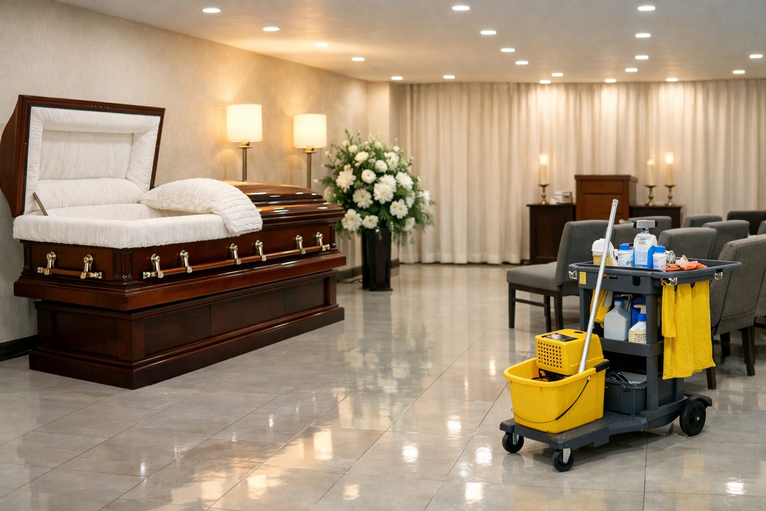 Chambre funéraire parfaitement propre avec espace de recueillement soigné et matériel d’entretien visible
