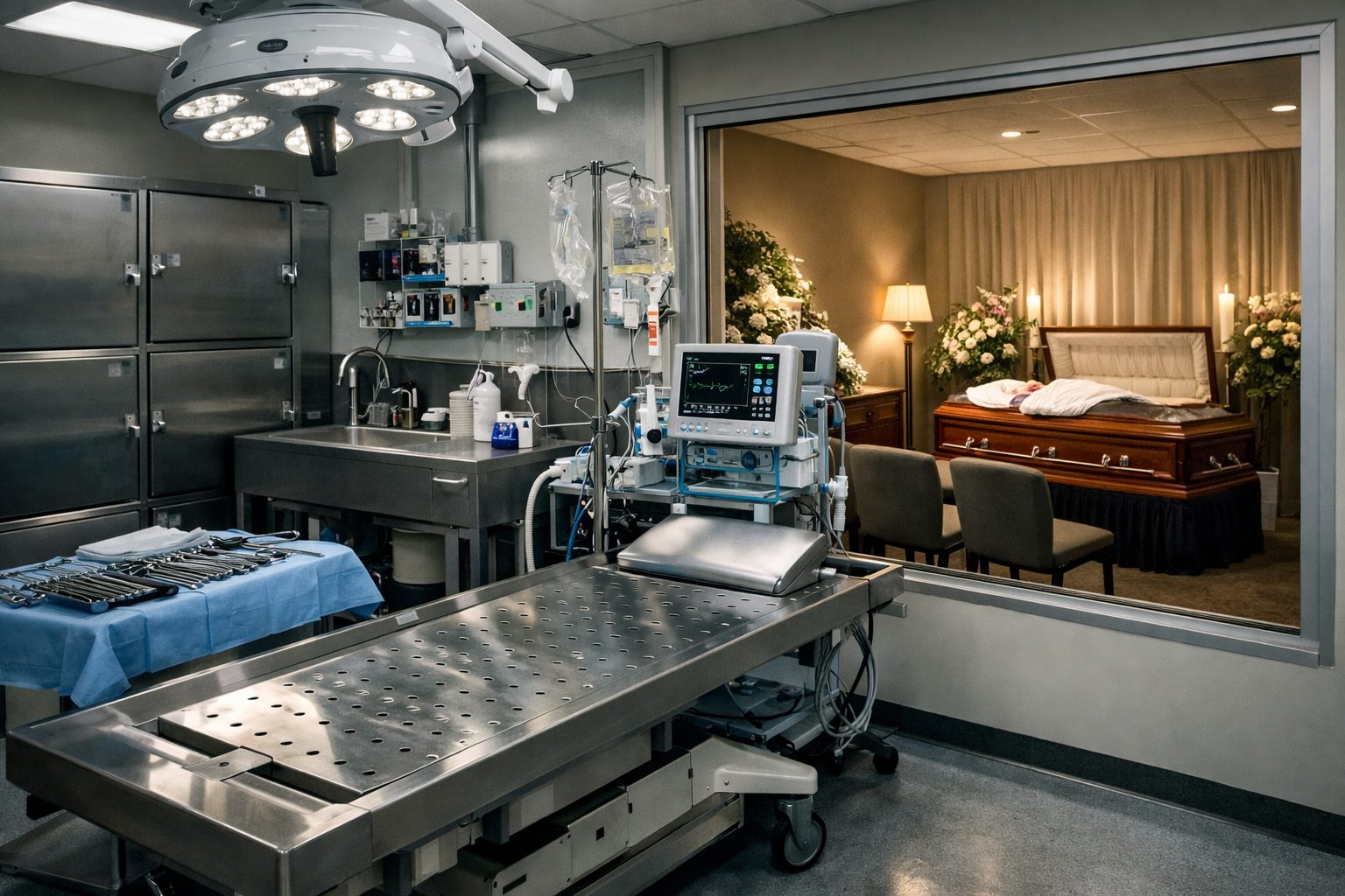 Salle technique de chambre mortuaire d’hôpital avec équipements médicaux face à une chambre funéraire plus apaisée