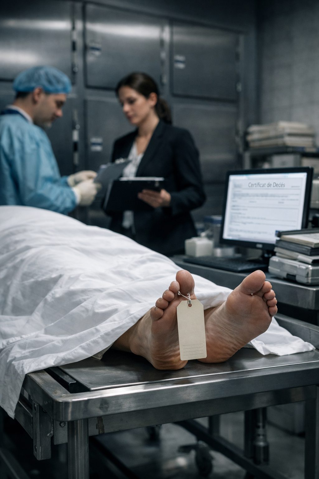Morgue hospitalière illustrant le parcours administratif du décès avec personnel médical, documents et corps couvert sur un chariot.