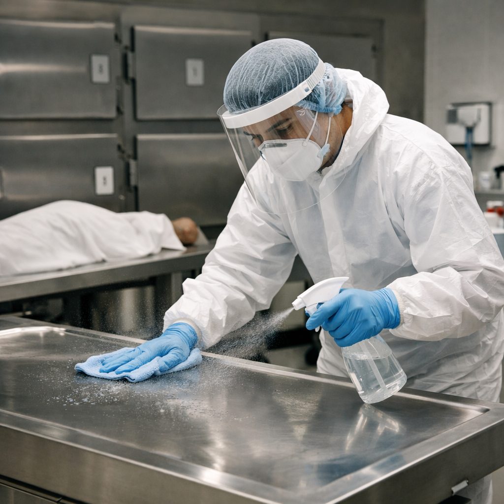 Agent en équipement de protection désinfectant une table en chambre mortuaire selon un protocole écrit d’hygiène