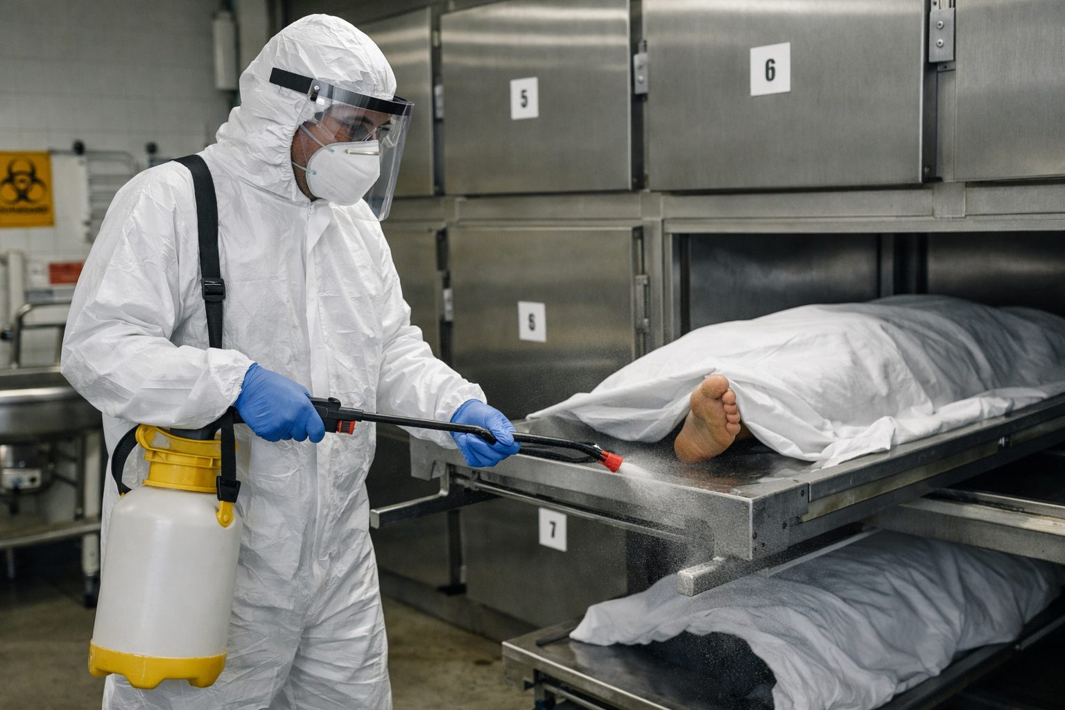Agent de chambre mortuaire en tenue de protection désinfectant un chariot mortuaire pour prévenir les risques infectieux