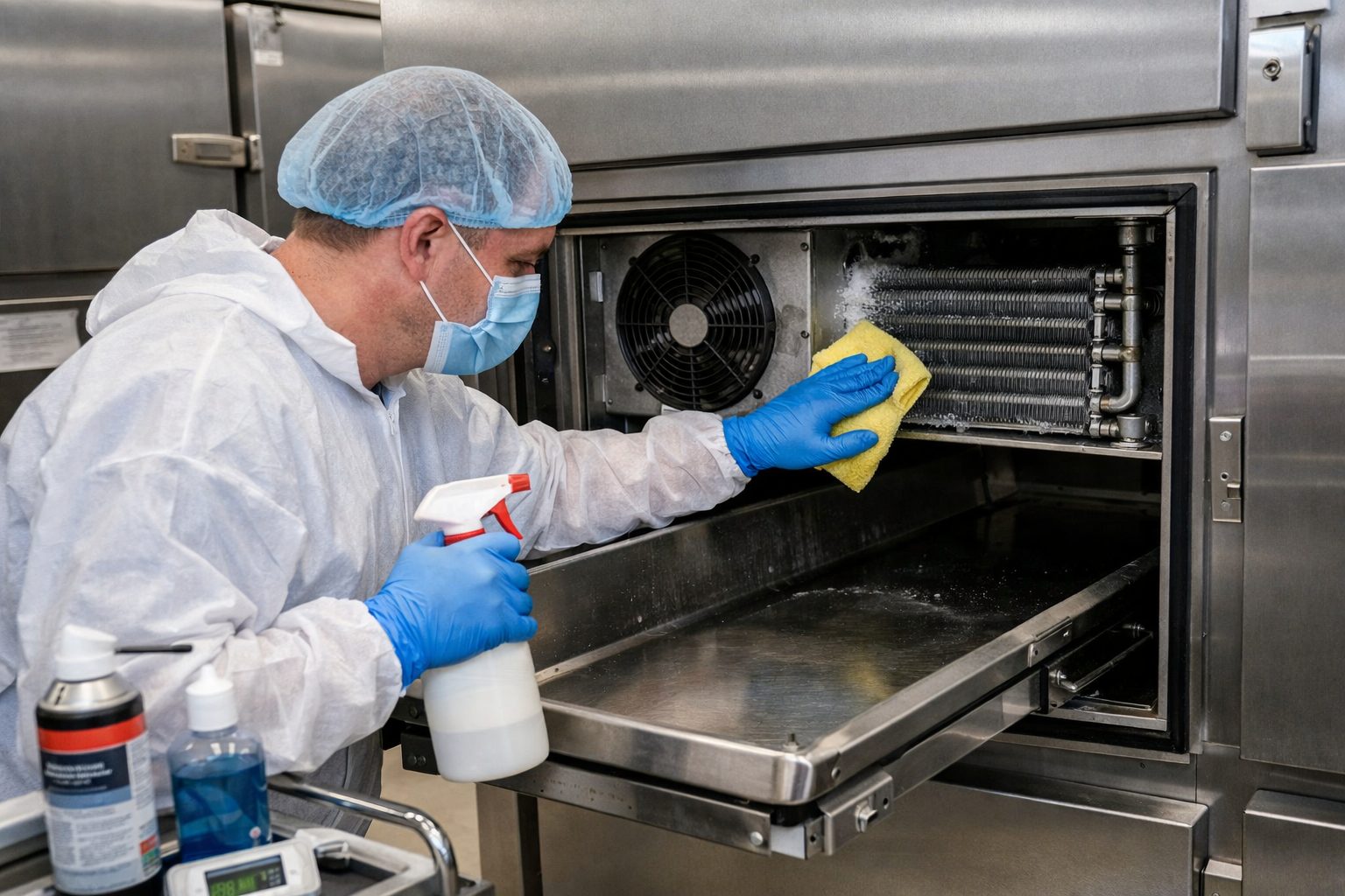 Technicien de chambre mortuaire nettoyant un équipement frigorifique de conservation des corps
