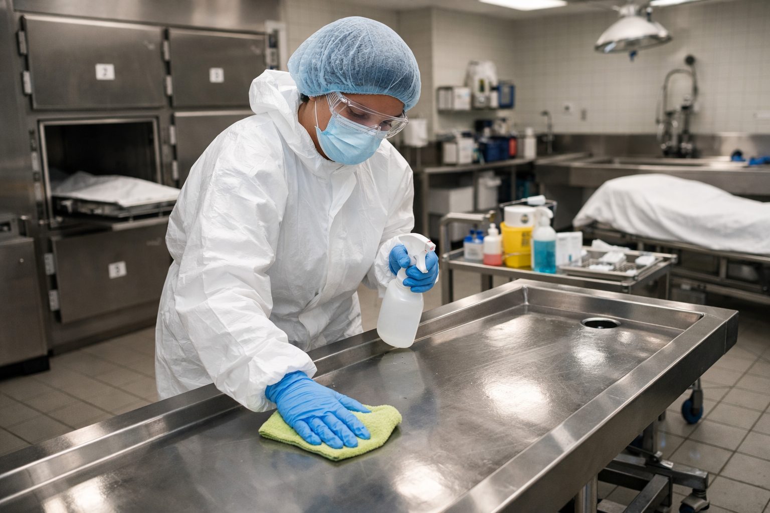 Agent de propreté en tenue de protection nettoyant une table en inox dans une chambre mortuaire hospitalière