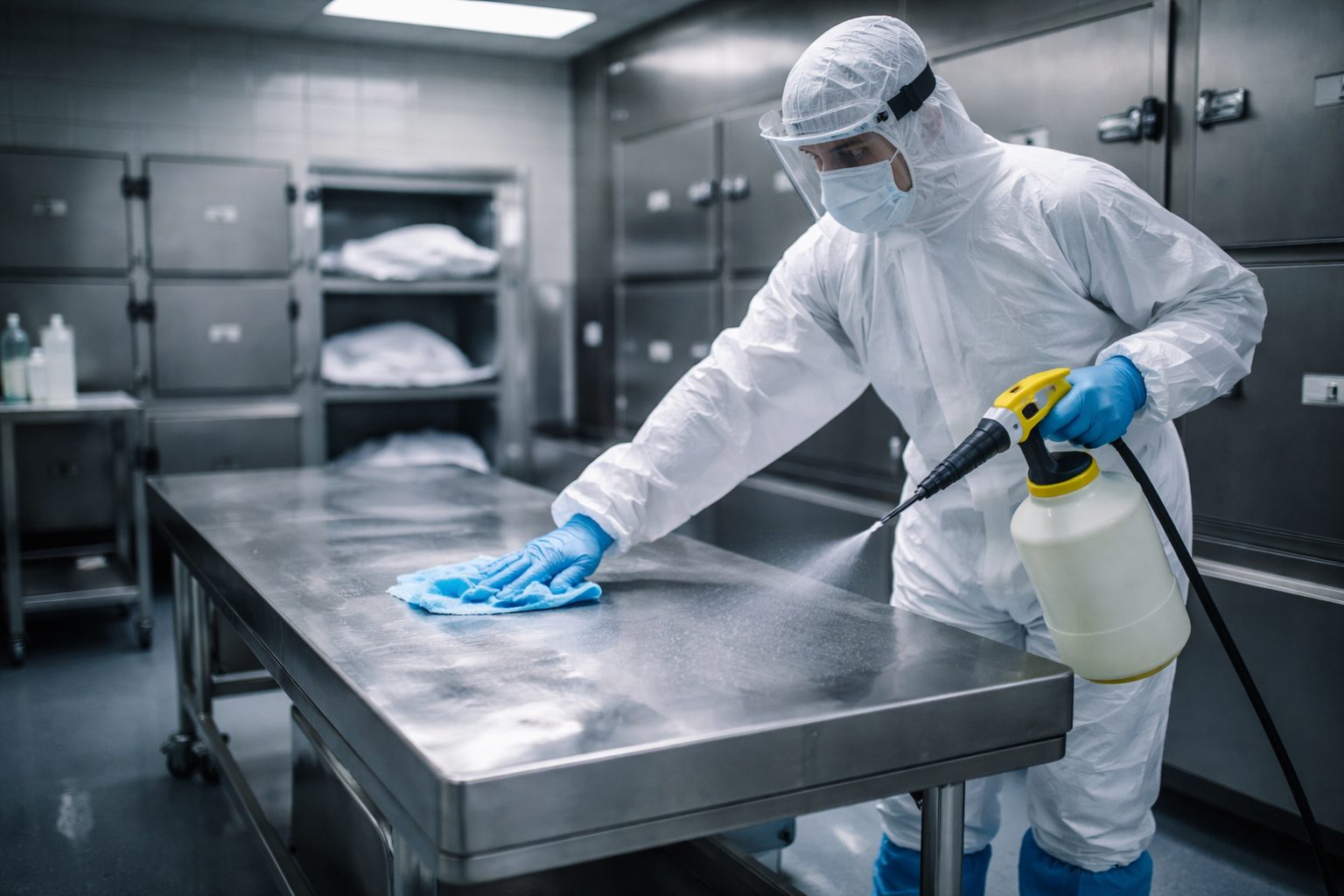 Agent en tenue de protection désinfectant une table de morgue en inox après un passage dans une salle mortuaire professionnelle