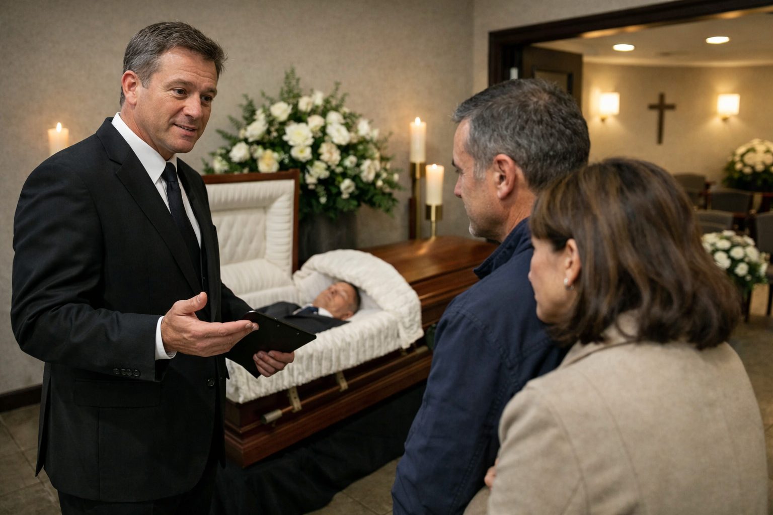 Conseiller funéraire échangeant avec une famille dans une chambre funéraire avant l’organisation des obsèques