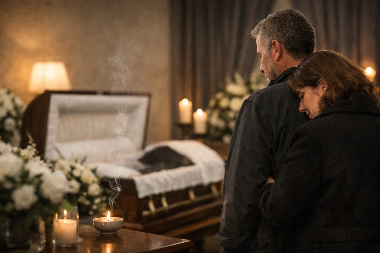Famille en recueillement dans une chambre funéraire à l’ambiance sobre et apaisante