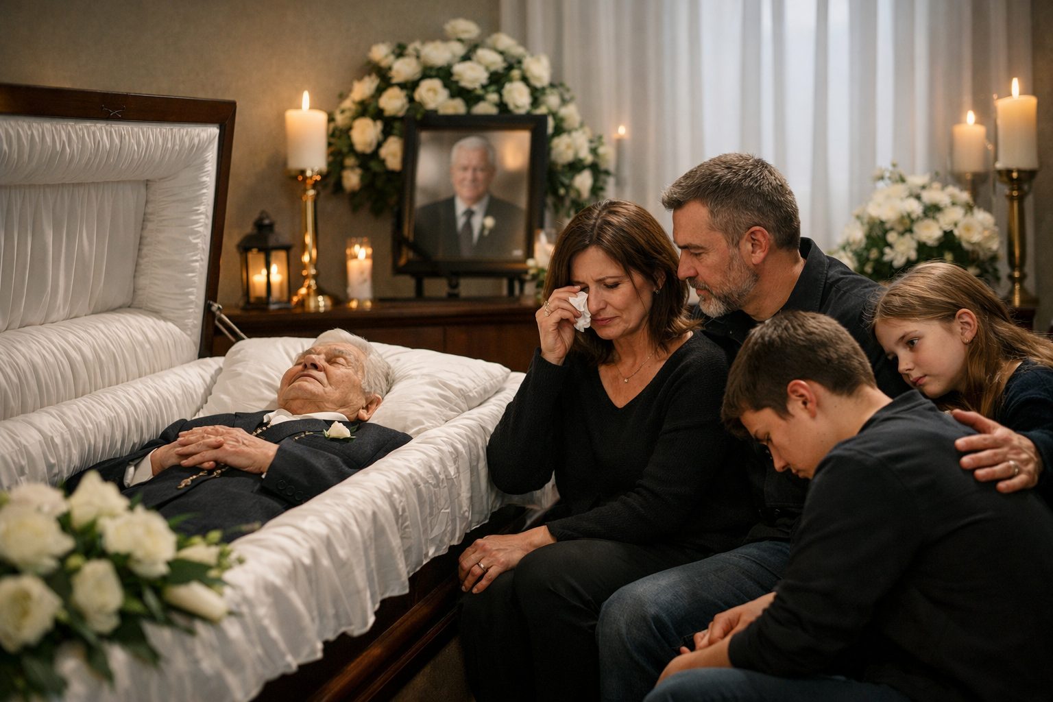 Famille en recueillement dans une chambre funéraire avant les obsèques lors du parcours familial du deuil