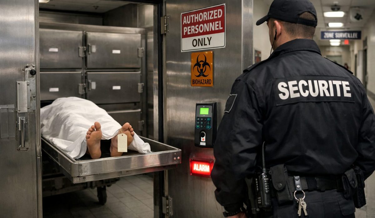 Agent de sécurité devant une morgue sécurisée avec contrôle d’accès et chambre froide mortuaire