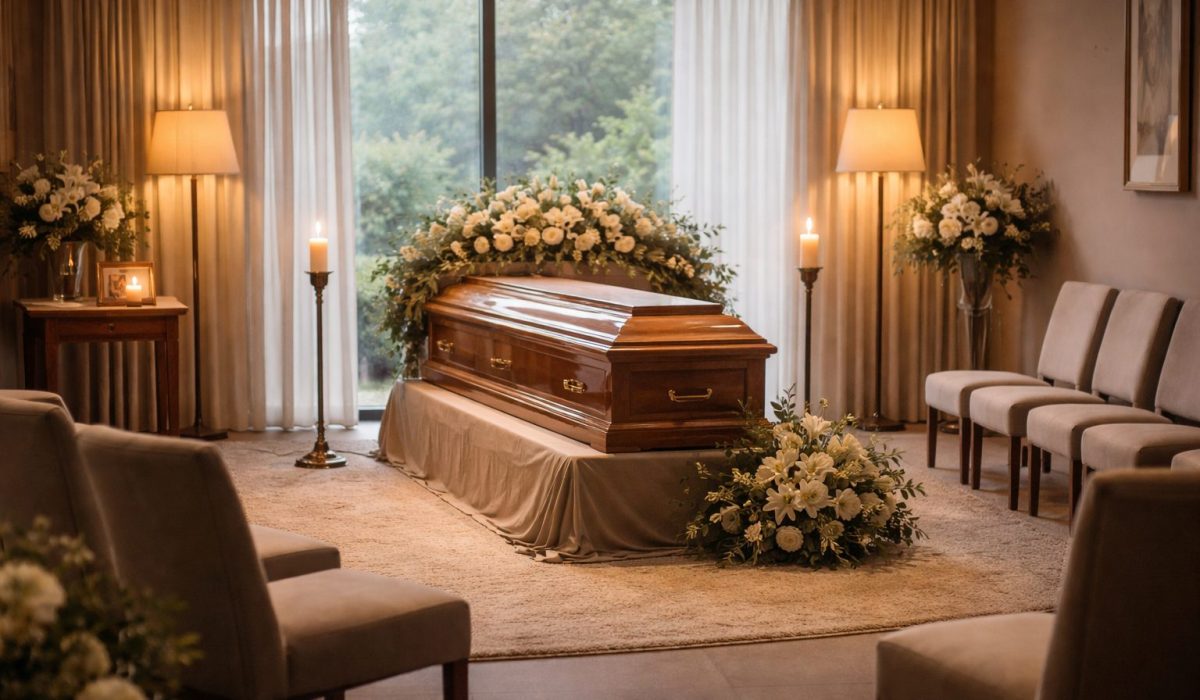 Chambre funéraire conçue comme un lieu de recueillement avec cercueil en bois, fleurs blanches, lumière douce et ambiance apaisante